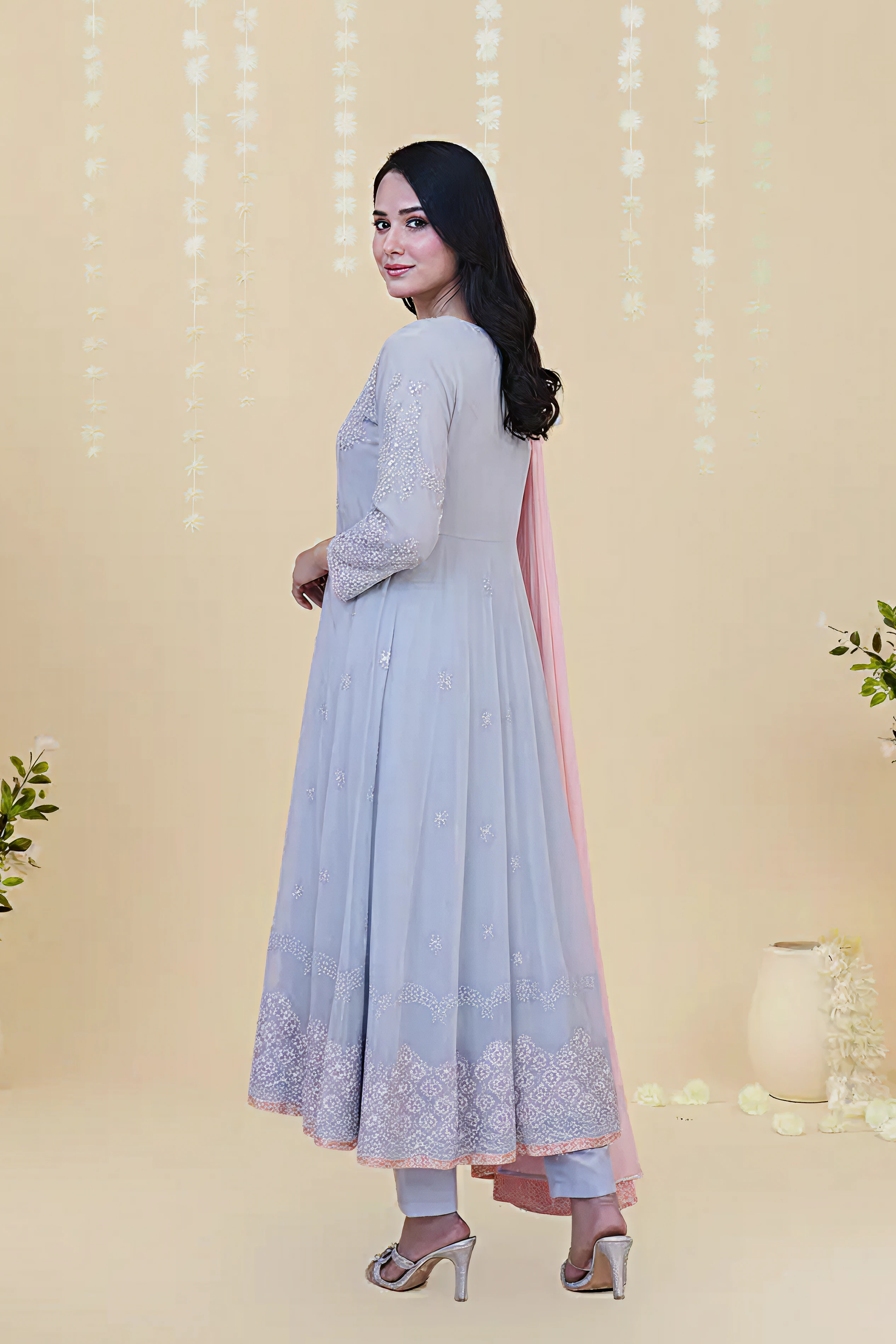 CHIFFON HANDWORK EMBROIDERED LONG FROCK WITH CONTRAST DUPATTA - F-06