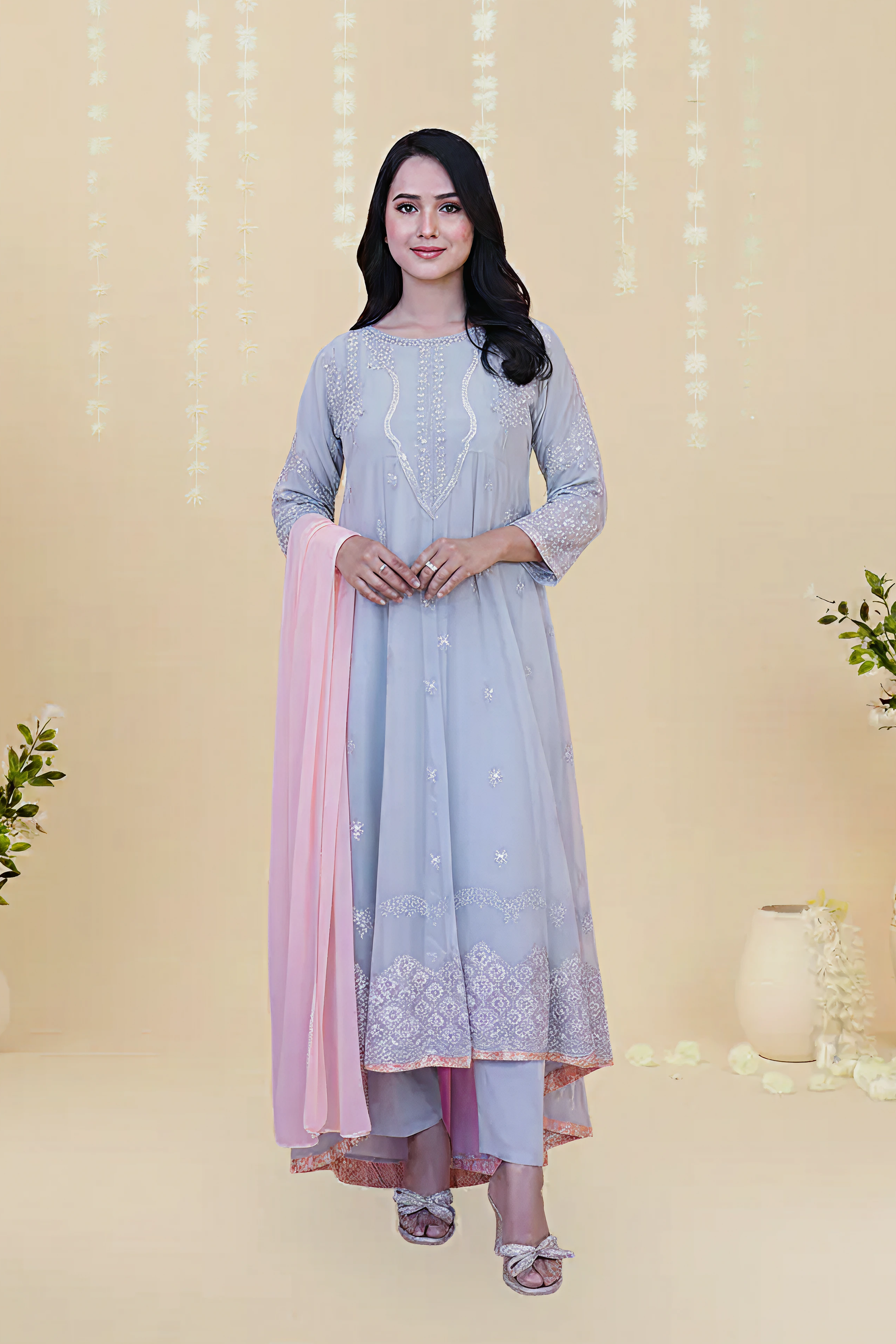 CHIFFON HANDWORK EMBROIDERED LONG FROCK WITH CONTRAST DUPATTA - F-06