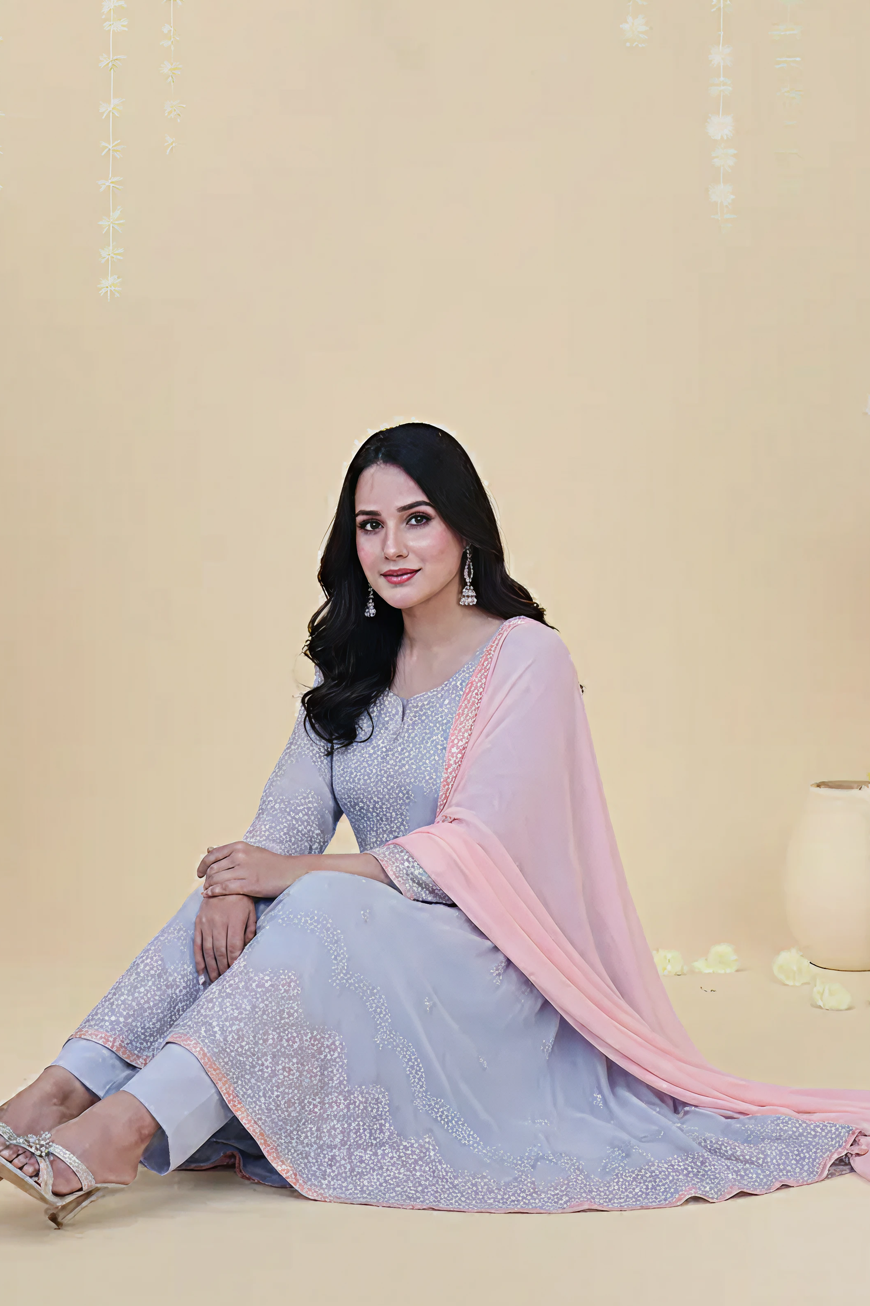 CHIFFON HANDWORK EMBROIDERED LONG FROCK WITH CONTRAST DUPATTA - F-06