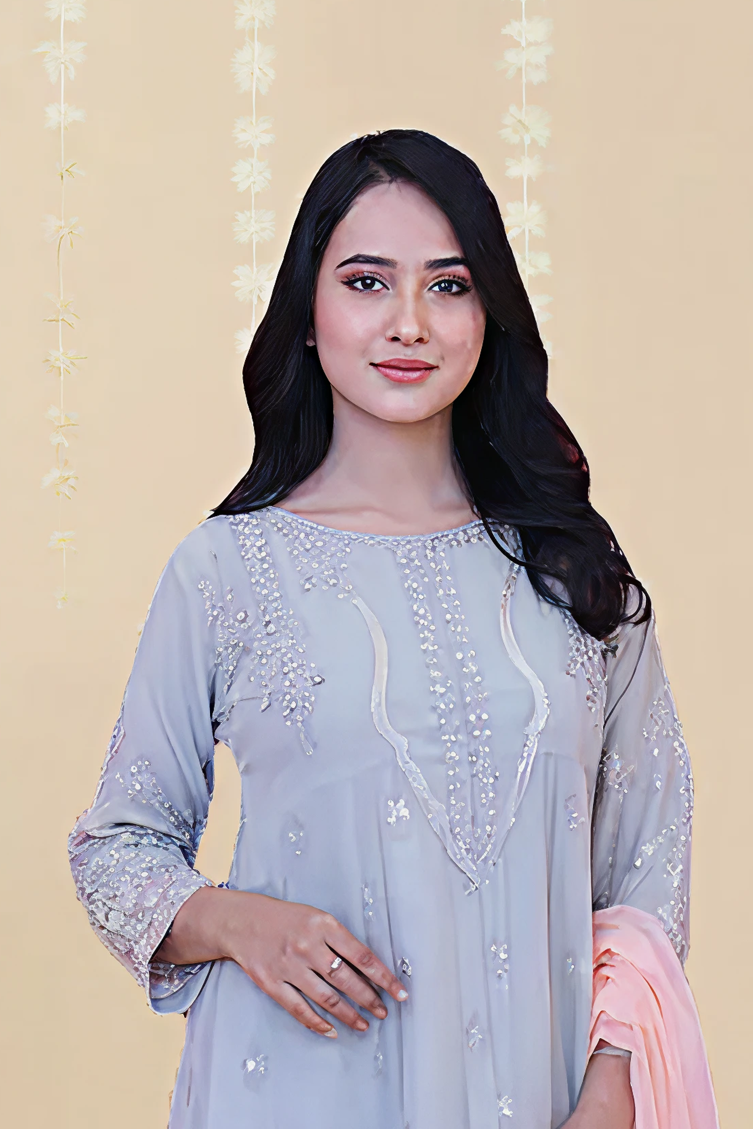 CHIFFON HANDWORK EMBROIDERED LONG FROCK WITH CONTRAST DUPATTA - F-06