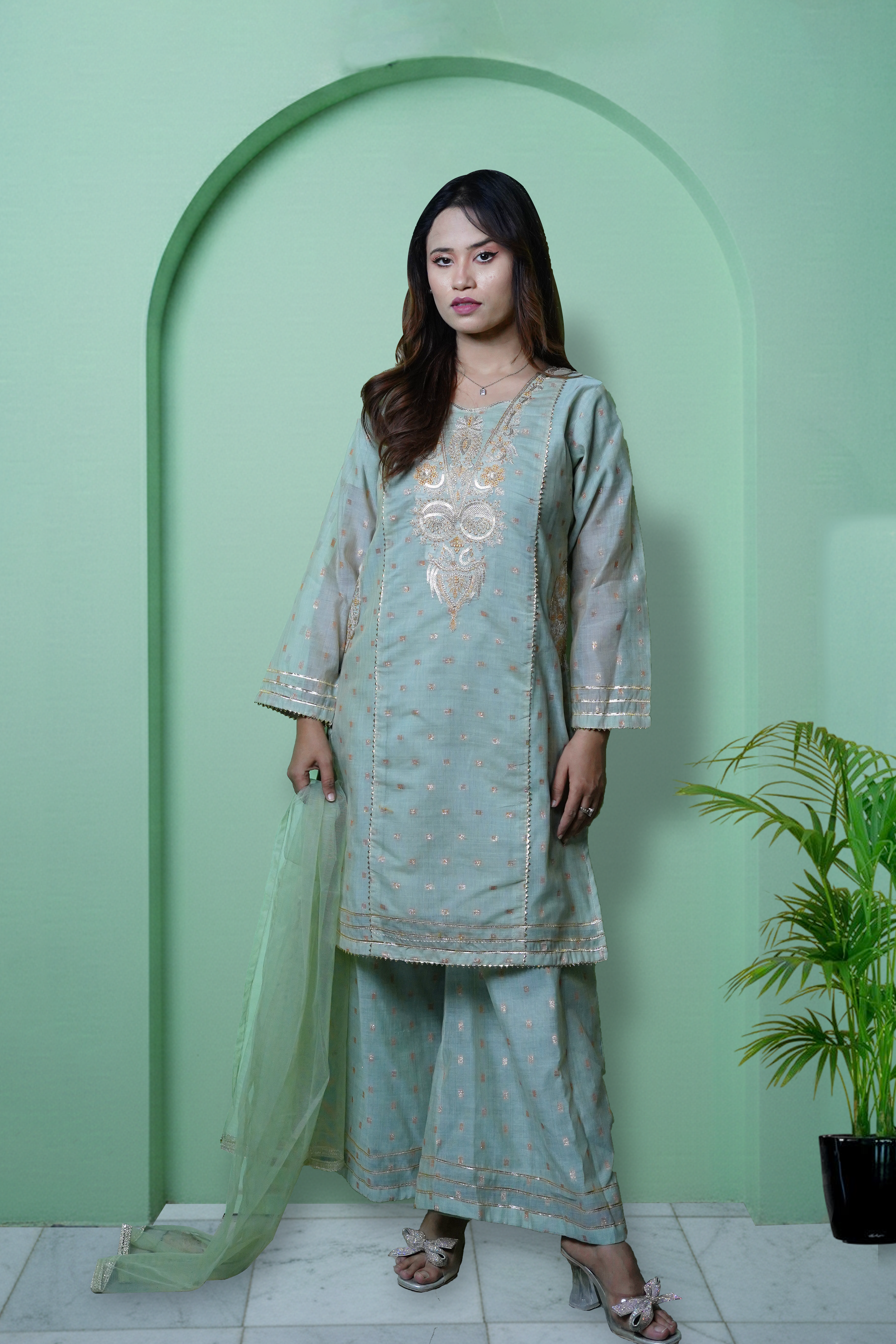 ANGOORI BANARSI COTTON RESHAM & ZARI EMBROIDERED SHIRT & PLAZO – 3PC - LS-08