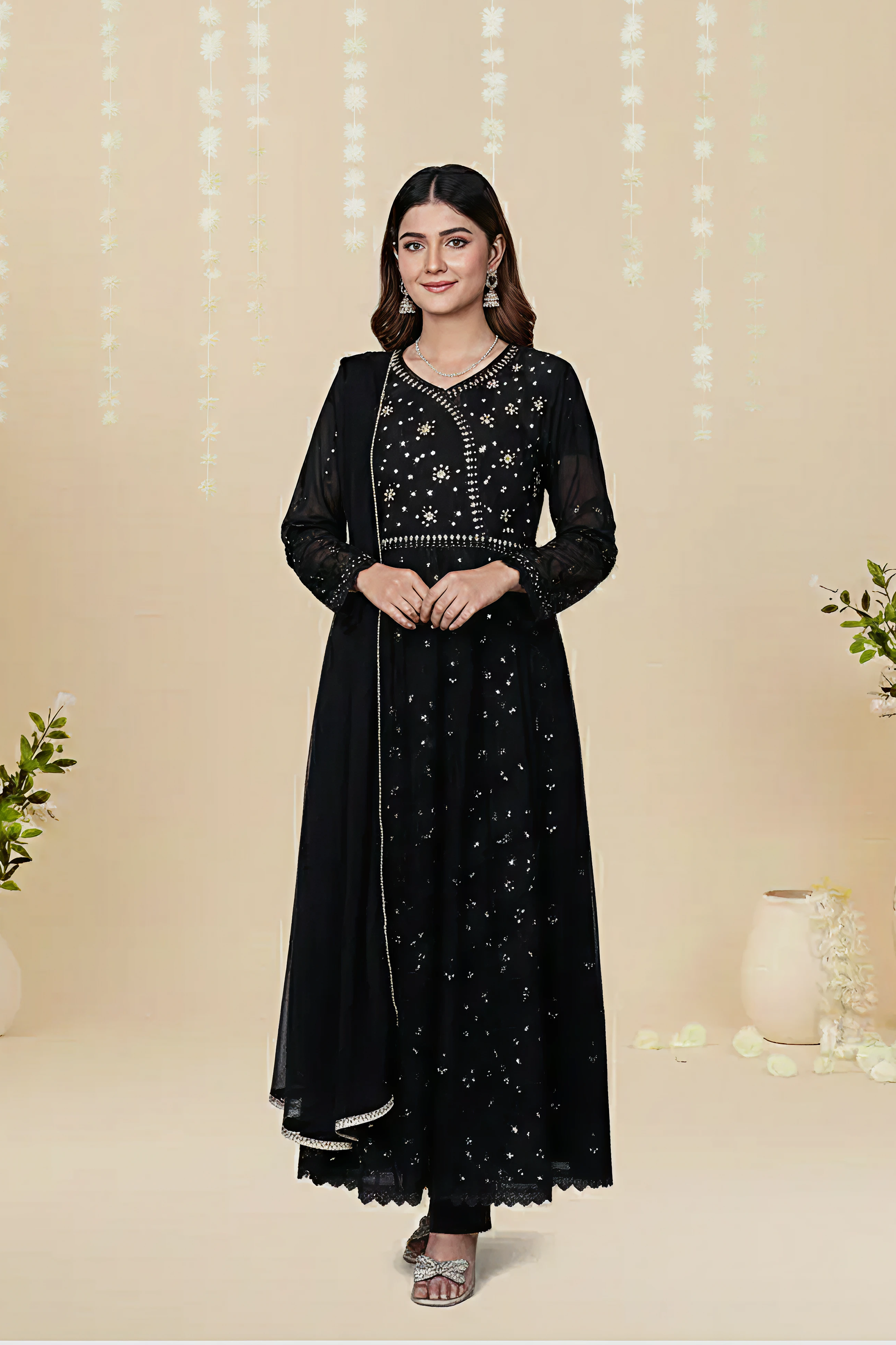 BLACK CHIFFON EMBROIDERED MAXI – 3PC - LS-3.1