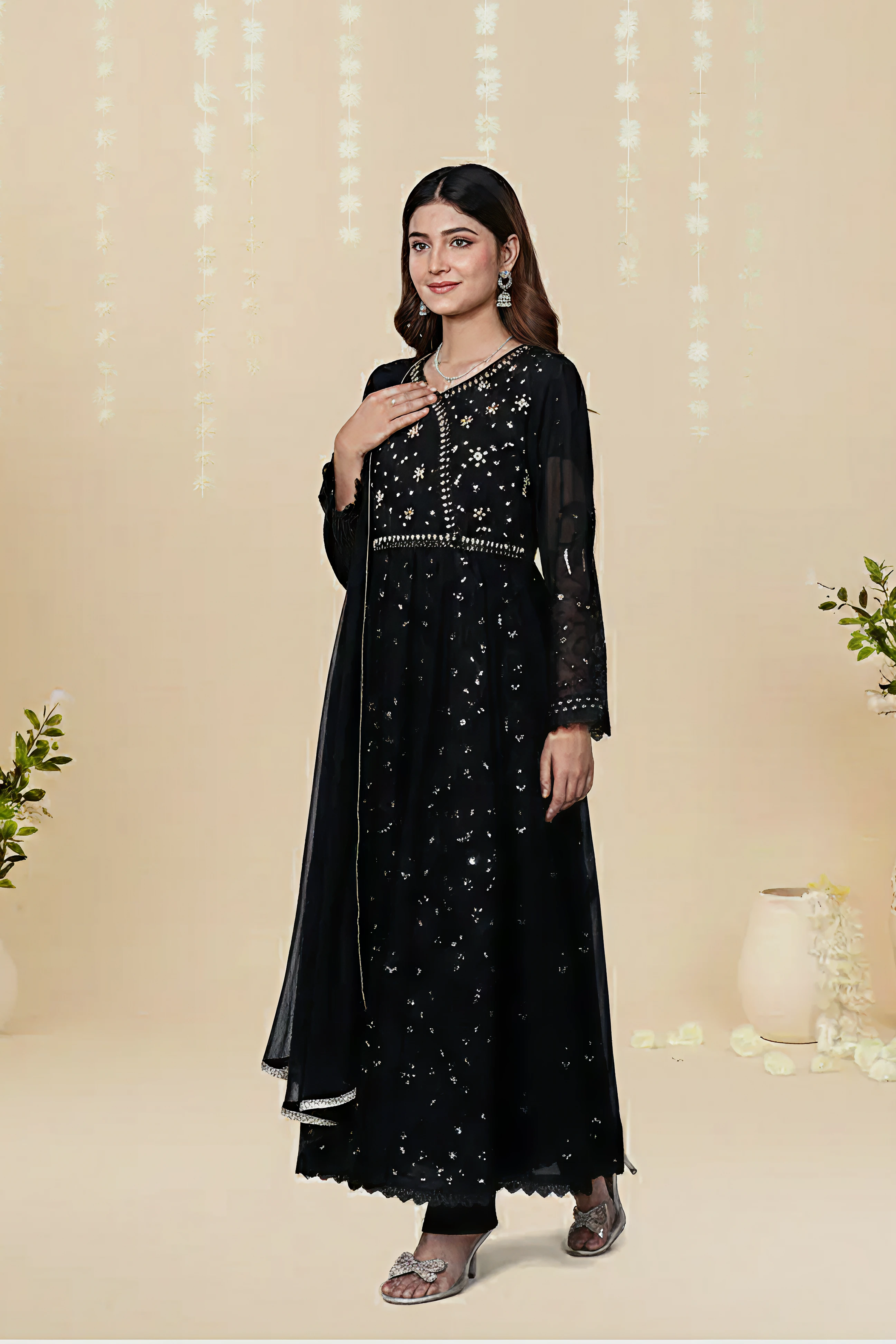 BLACK CHIFFON EMBROIDERED MAXI – 3PC - LS-3.1