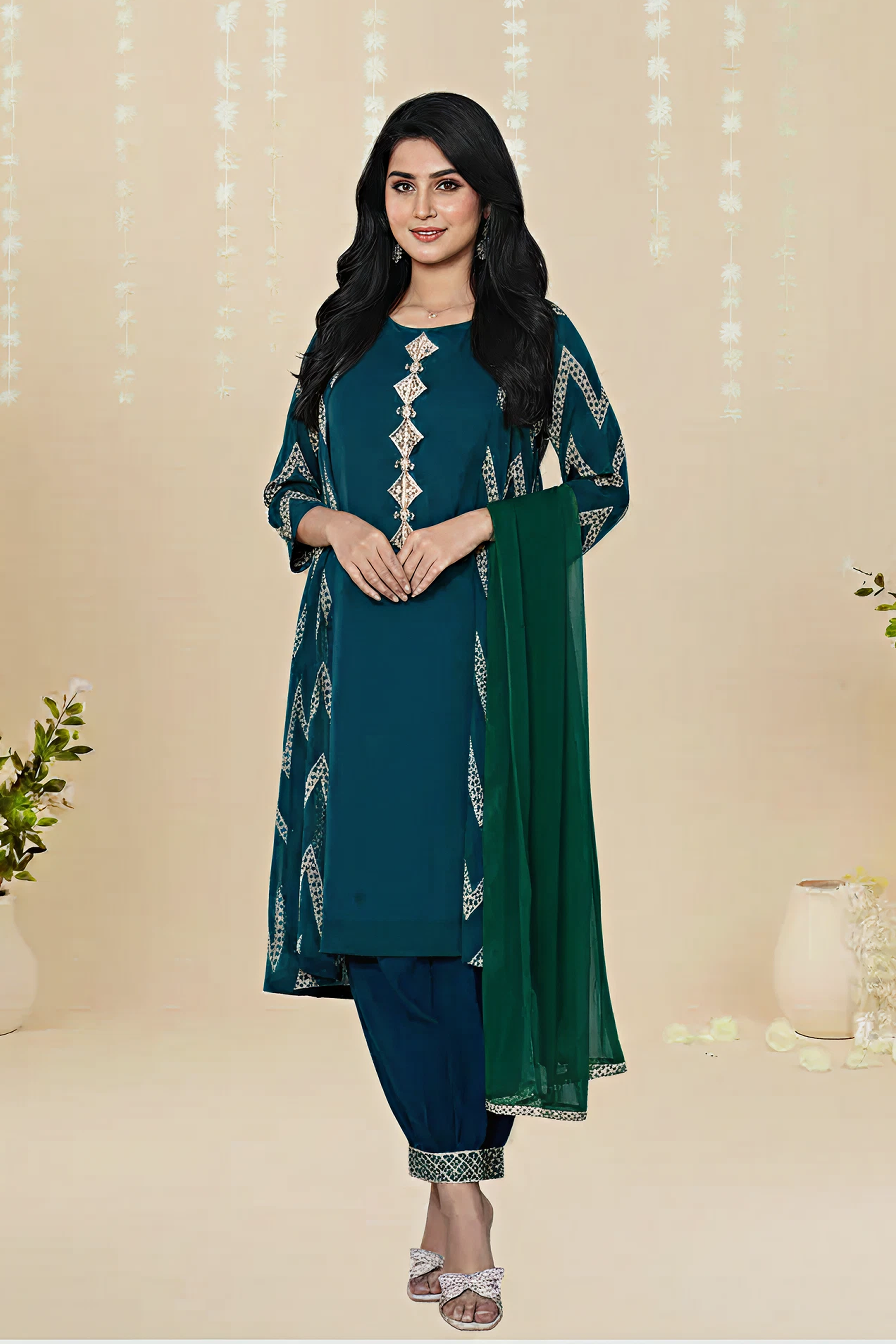CHIFFON EMBROIDERED LONG COAT – 3PC - LS-17