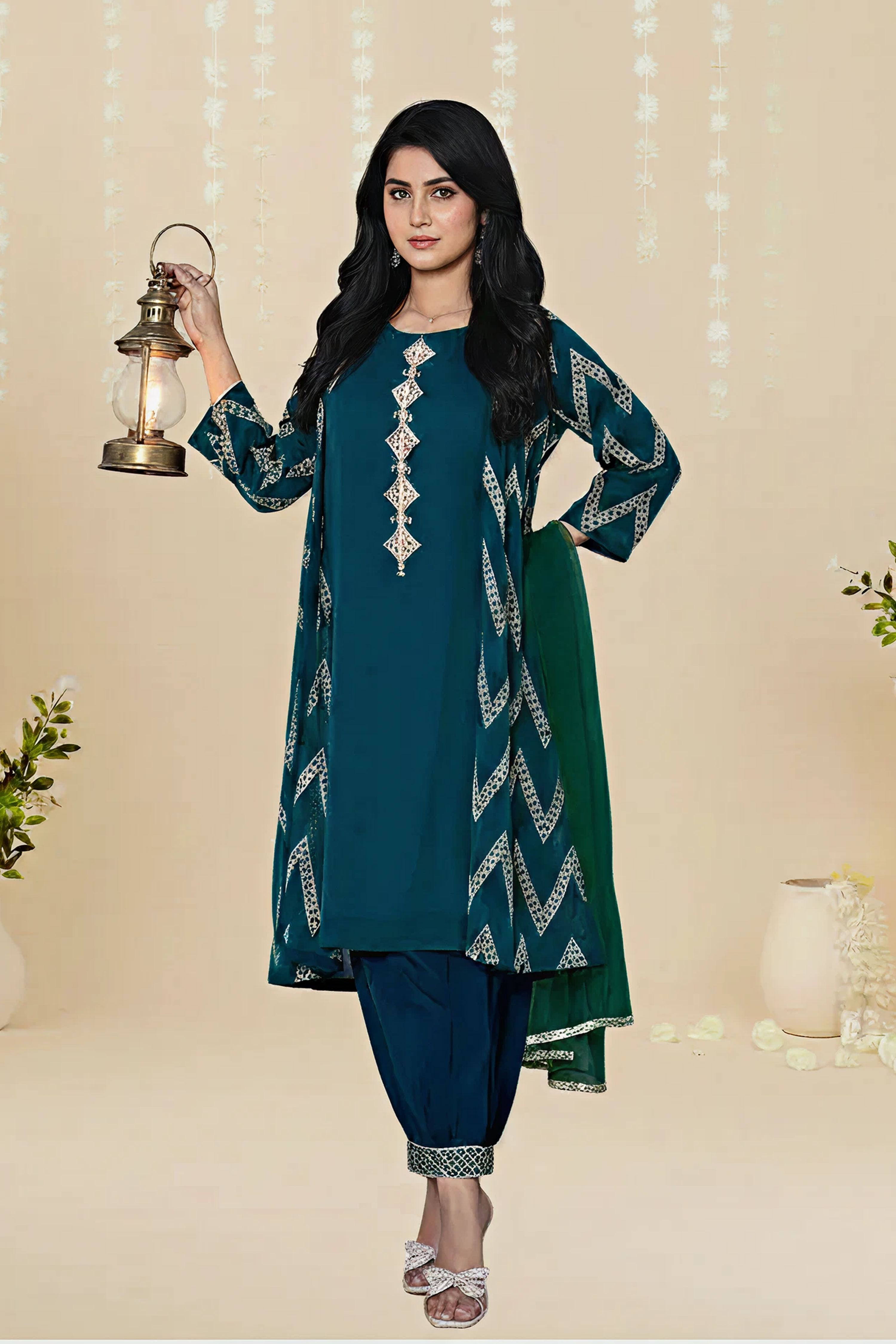 CHIFFON EMBROIDERED LONG COAT – 3PC - LS-17