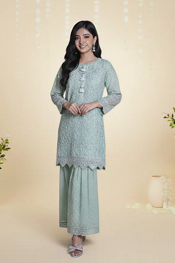 KHADDI NET EMBROIDERED SHIRT & GHARARA – 3PC - LS-16