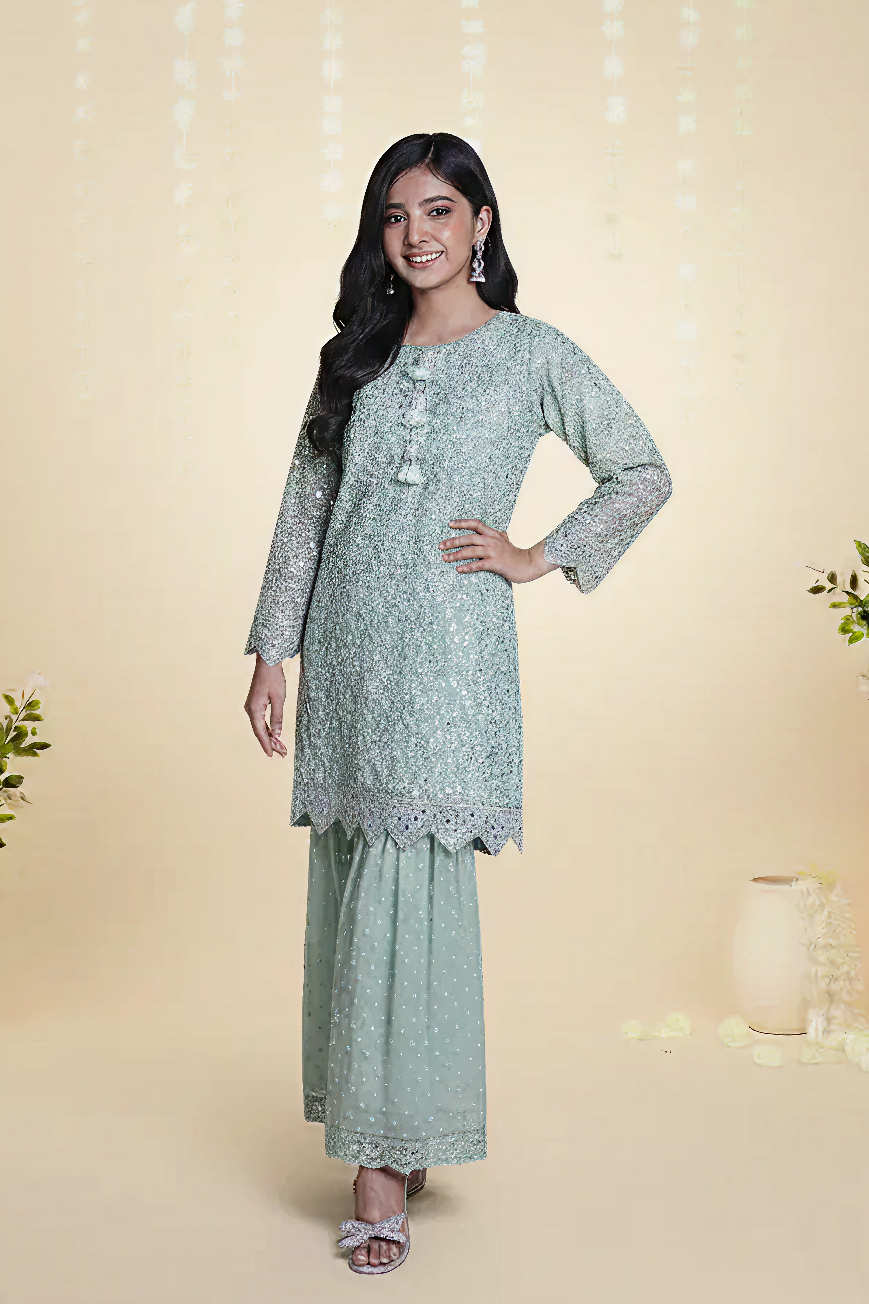 KHADDI NET EMBROIDERED SHIRT & GHARARA – 3PC - LS-16