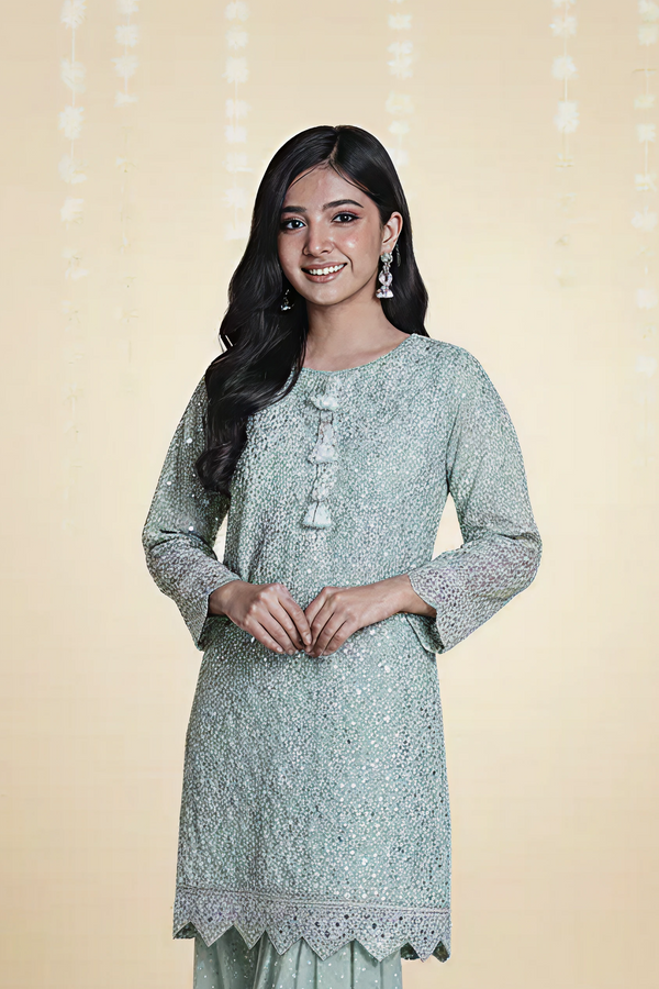 KHADDI NET EMBROIDERED SHIRT & GHARARA – 3PC - LS-16